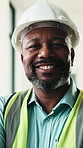 Construction, face and helmet with black man on worksite for architecture or engineering. Building, hardhat and project management with smile of mature person for maintenance or property development