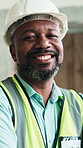 Building, face and hardhat with black man on worksite for architecture or engineering. Construction, helmet and project management with smile of mature person for maintenance or property development