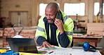 Shopfitting, blueprint or man with carpentry phone call for custom project, timeline update or talk. Happy, mature black person and mobile chat in warehouse for layout design, tech or client approval