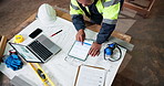 Top view, tablet screen and engineer at construction site for building development, project or chart. Above, tech and black man with architecture blueprint, floor plan and scroll analytics report