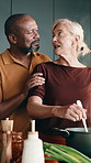 Love, interracial couple and support with cooking in home for healthy soup, bonding and supper. Stove, care and mature people with meal prep in kitchen for nutrition, homemade dish and conversation