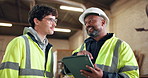 Carpenter, team and discussion in workshop with tablet, mentorship and planning for woodwork project. Manager, people and conversation in warehouse with tech, carpentry training and advice for craft.