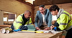 Architecture, team or supervisor in factory with tablet, building plan or feedback on furniture project. Discussion, men or contractor with tech, operation report or director evaluation in woodwork.