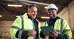 Carpenter, men and discussion in workshop with tablet, planning and research for woodwork project. Mature people, conversation and teamwork in warehouse with tech, carpentry advice and partnership.