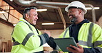 Carpenter, men and handshake in workshop with tablet, partnership and agreement for woodwork project. Mature people, talk and shaking hands in warehouse with tech, carpentry deal and collaboration.