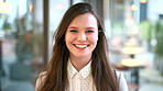 Laugh, business and face of woman in city for career opportunity, financial advisor and pride. Corporate, happy and portrait of person by workplace for about us, finance job and development outdoor