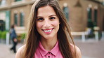 Smile, professional and face of businesswoman in city with confidence for creative career with growth. Happy, job opportunity and portrait of female fashion designer with pride for about us in town.