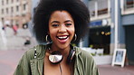 Happy, black woman and face of student in city with confidence for college education with scholarship. Smile, knowledge and portrait of African female person with pride for university campus in town.