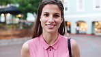 Happy, face and woman with earphones in city, travel or streaming music with subscription on holiday. Outdoor, portrait and person with smile, traveler and listening to audio with tech in Colombia