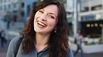 Holiday, laugh and woman with face outdoor for solo travel, city sightseeing and vacation abroad. Wanderlust, happy person and explore destination for urban tourism, getaway break and funny tourist