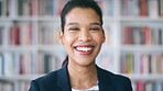 Smile, student and face of woman in library for laughing, course research and knowledge. Education, academy researcher and bookshelf with person on campus for pride, joke and university curriculum