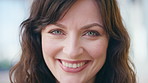 Happy, about us and face of businesswoman in city with confidence for finance career with growth. Smile, professional and portrait of female financial manager with pride for job opportunity in town.