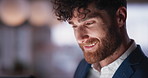 Thinking, research and businessman with tablet in office for email for review on investment proposal. Ideas, contact and male financial advisor with online feedback for revenue report in workplace.