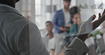 Presentation, man and meeting with business team for coaching, discussion or question in office. Male person, speaker or group with hands raised for answer, interaction or engagement in workplace
