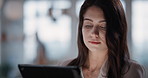 Tablet, research and businesswoman in office with reading email for review on investment proposal. Serious, contact and female financial advisor with online feedback for revenue report in workplace.