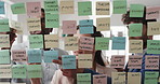 People, planning and schedule with sticky notes in office for task priority or business workflow. Group, team or brainstorming with ideas, reminder or agenda for project strategy or work delegation