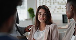 Meeting, team and tablet with business people for analytics or performance review in office. Group, employees or colleagues with technology, chart or graph for company data, strategy or improvement