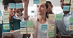 Business people, sticky note and team at office with glass wall, review or planning at marketing company. Woman, talk or group with board, feedback or project management launch at advertising agency