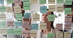 Businessman, sticky note and team at office with glass wall, review or planning at marketing company. People, talk or group with board, feedback or project management launch at advertising agency