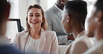 Meeting, conversation and business woman in office for investment, finance planning and proposal. Collaboration, discussion and financial management people with partnership for revenue and report