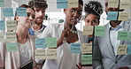 Woman, writing and team at office with meeting, glass wall or planning at marketing company. Business people, talk or group with window, feedback or project management launch at advertising agency
