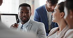 Businessman, discussion and team at office meeting with planning, review or insight at finance company. Person, broker or advisor with group for solution, talk and feedback at asset management agency