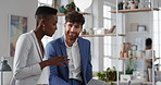 Company, business people and team talk with tablet for financial proposal, asset management or smile. Tech, glass office and collaboration for project report, investment evaluation or dividend yield