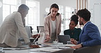 Business, meeting and woman giving paperwork for collaboration in boardroom, planning or strategy. Team leader, people and discussion with proposal, pitch prep or documents with agenda in workplace