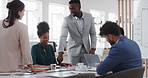 Finance, meeting and business people in office with presentation, data analysis or graphs for audit. Team, discussion and stats in workplace with risk assessment, financial accounting and strategy.