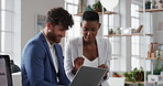Company, business people or team talk with laptop for financial proposal, asset management or idea. Computer, glass office or collaboration with employees, investment evaluation or dividend yield