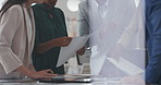 Meeting, hands and business people with documents for project planning or work delegation in office. Group, employees or discussion with paperwork for company briefing, agenda or tasks in workplace