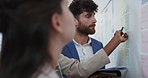 Business, people and notes on whiteboard in office for training, planning or agenda for accounting. Team, talking and timeline in meeting for coaching, brainstorming and ideas for investment proposal