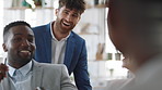 Meeting, conversation and businessman in office with funny joke for finance report or budget. Laughing, feedback and financial advisors team for investment proposal, suggestion and collaboration