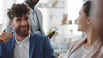 Funny, meeting and business people in office, cooperation and conversation for proposal feedback. Employees, smile and collaboration for project, discussion and laughing with humor or synergy