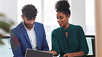 Meeting, manager and employee with laptop in office, feedback or mentoring for investment proposal. Review, smile or business people with advice for venture project, pc or suggestion for capital plan