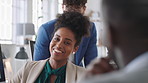 Creative, businesswoman and laughing with team in office, talking or planning for marketing campaign. Happy people, discussion and brand manager with funny ideas, humor and collaboration in business