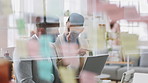 Laptop, talking or meeting with business people in workplace for research, trading report or internet. Investment review, collaboration or online with employees in office for feedback or conversation
