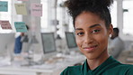 Businesswoman, face and smile in office with pride, glass wall and confidence at agency. Female person, corporate or professional portrait with coworking, happy project expert and about us for career