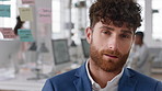 Business man, face and confident in office with pride, glass wall and development at agency. Person, corporate or professional portrait with coworking, project expert and about us for career growth