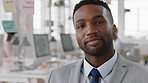 Business, laughing and face of black man in office for financial advisor, pride and smile. Asset manager, about us and investment broker with employee in agency, happy professional and consultant
