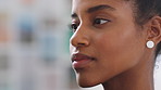 Woman, thinking and review at startup with project management, planning or insight at office. Person, paper and perspective for solution, proposal or problem solving with schedule at creative agency