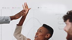 Businessman, presentation and team with high five, celebration and office meeting at insurance company. Person, broker and speaker with staff, success or excited with goals at risk management agency