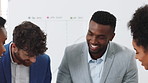 Creative, teamwork and laughing with group in office, talking and marketing strategy with paperwork. Happy people, meeting and brand manager with ideas for project, brainstorming and collaboration