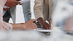 Meeting, documents and hands of business people with sticky notes, planning and property development. Office, realtor agency and workers with paperwork for listing, investment and auction proposal