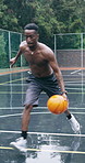 Man, basketball and practice with hoop for match, competition or outdoor training on wet court. Male person, sport player or athlete with ball, net or exercise for goal, point or skill on pitch