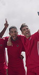 Excited, fitness and selfie with soccer team of men outdoor together for bonding or memories. App, energy and photograph with happy football player group hugging for celebration or profile picture