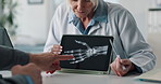Hands, tablet and doctor consulting for xray, advice and explaining of medical diagnosis. Screen, healthcare and woman talking to patient for help with injury, digital results or treatment plan