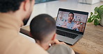 Family, video call and doctor in home with laptop screen, consultation and symptoms for diagnosis. Father, child or pediatrician at house with pc, online appointment and webinar for healthcare advice