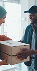 Woman, box and delivery with package in office for online shopping, order or recipient. Female person, customer or courier guy with parcel or cargo in workplace for postal service or ecommerce