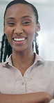 Face, business and black woman in office with smile, career pride and about us for journalism. Portrait, person or laugh in workplace with ambition, positive attitude or news reporter at media agency